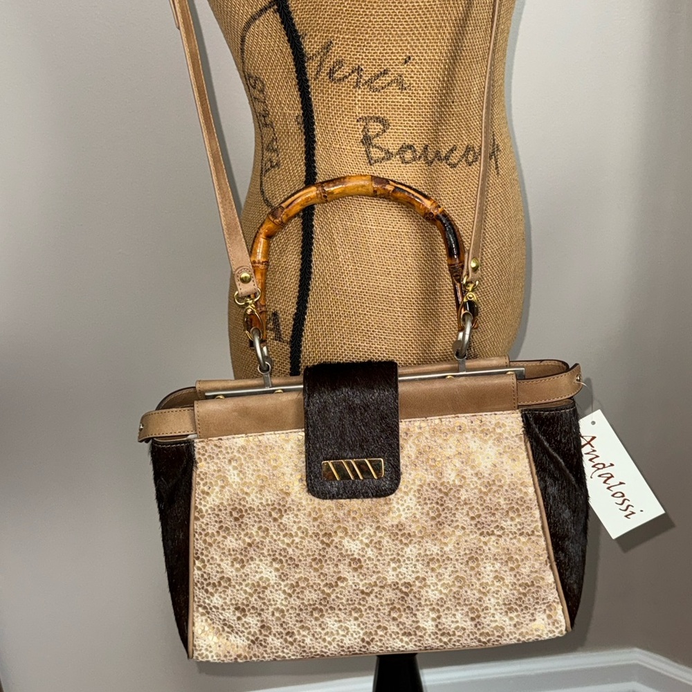 Andalossi NWT Golden Meadow Cappuccino leather calf hair bamboo crossbody bag - Picture 4 of 16